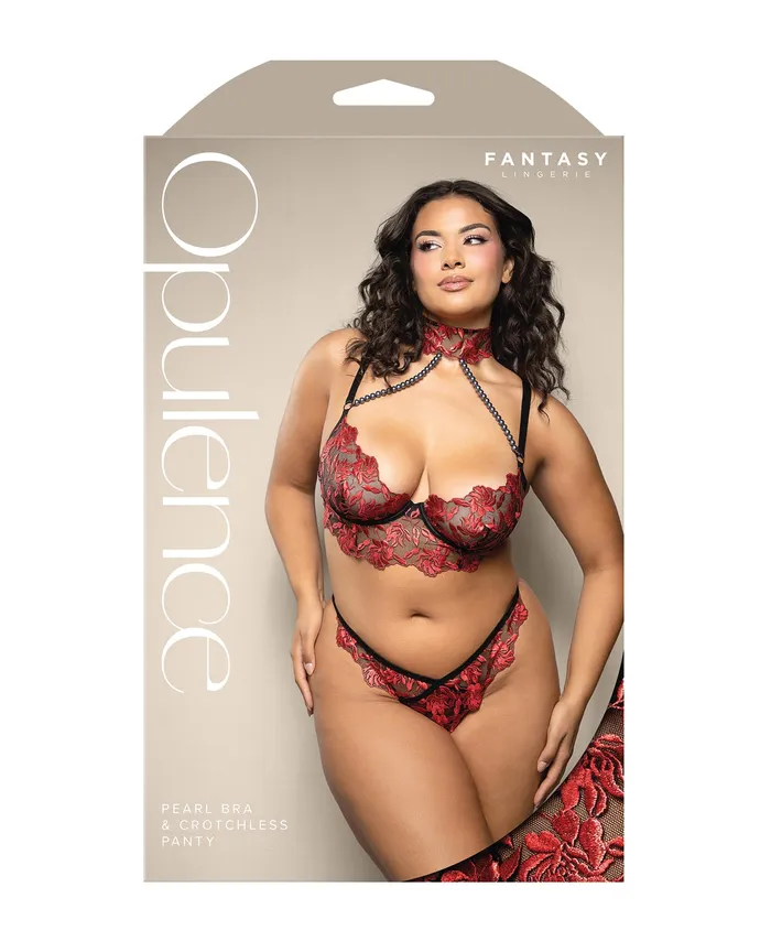 Fantasy Lingerie Anal Opulence Embroidered Underwire Bralette Crotchless Panty wPearl Details 2 pc Set Red QN