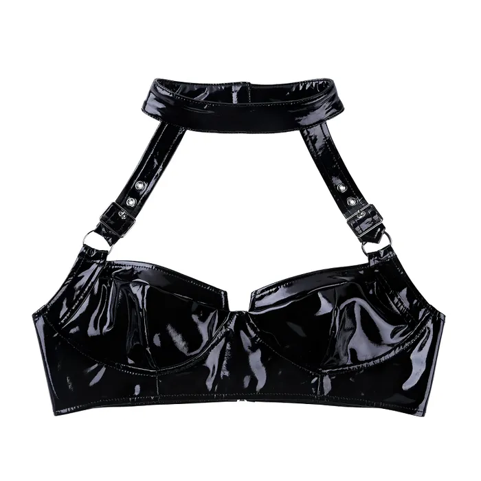 EVEs SECRETS Restraints Womens Black Wet Look PU Leather Crop Top WireFree Zippered Sexy Bra Top Lingerie