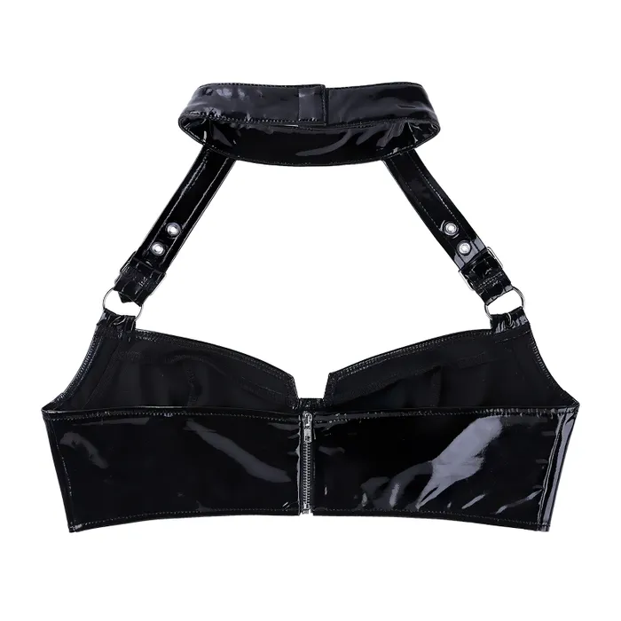 EVEs SECRETS Restraints Womens Black Wet Look PU Leather Crop Top WireFree Zippered Sexy Bra Top Lingerie